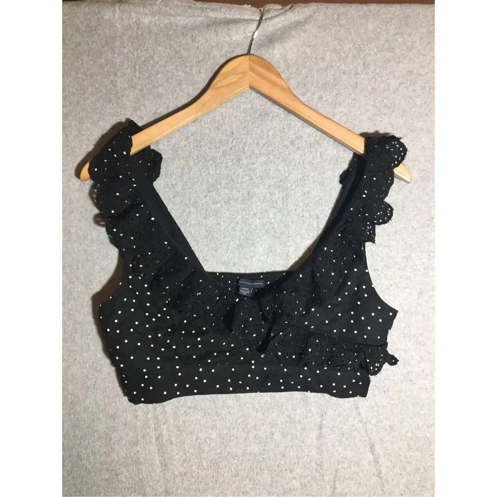 Womens American Eagle Crop Top Black White Polka Dot Ruffle Sleeves Cute Date